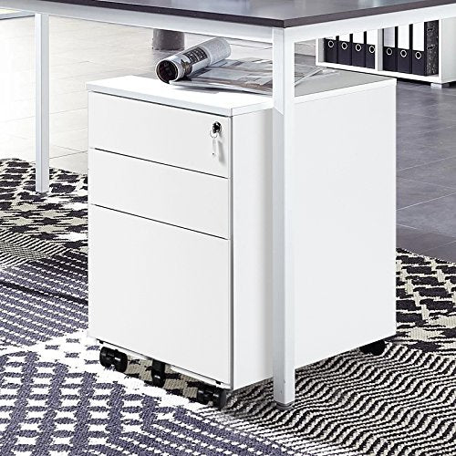 3-Drawer Mobile File Cabinet - Solid Steel Pedestal with 5 Casters, Lockable with Keys, 39x52x60 cm, White - Secure Document Storage for Home and Office Use