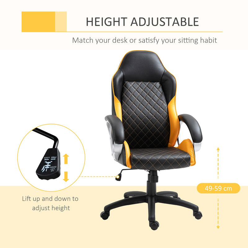 High-Back Faux Leather Office Chair with Diamond Line Detailing - Ergonomic Rocker Swivel Desk Chair with Wheels, Black and Orange - Ideal for Home Office and Computer Workstations