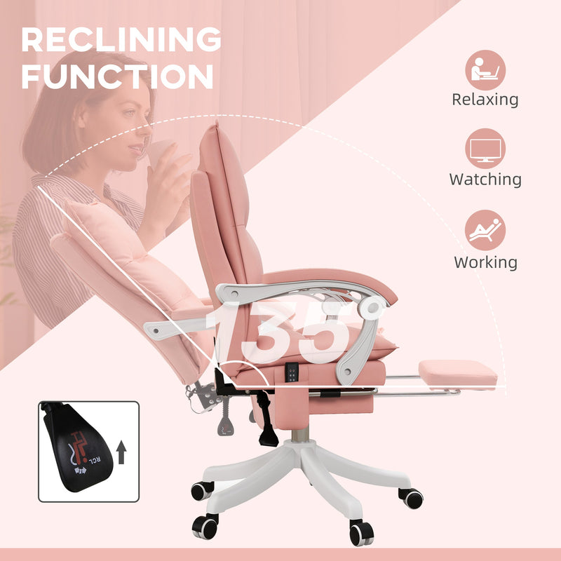 Ergonomic Heated Vibrating Massage Office Chair - Faux Leather Recliner with Footrest, Padded Armrests, Reclining Back, Double-Tier Cushioning - Comfort for Home Office Use in Stylish Pink