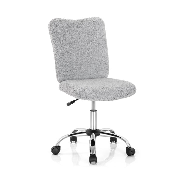 Adjustable Armless Office Chair with Faux Fur - Swivel Design, Chrome Base in Grey - Ideal for Comfortable Workspaces