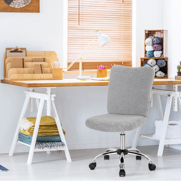 Adjustable Armless Office Chair with Faux Fur - Swivel Design, Chrome Base in Grey - Ideal for Comfortable Workspaces