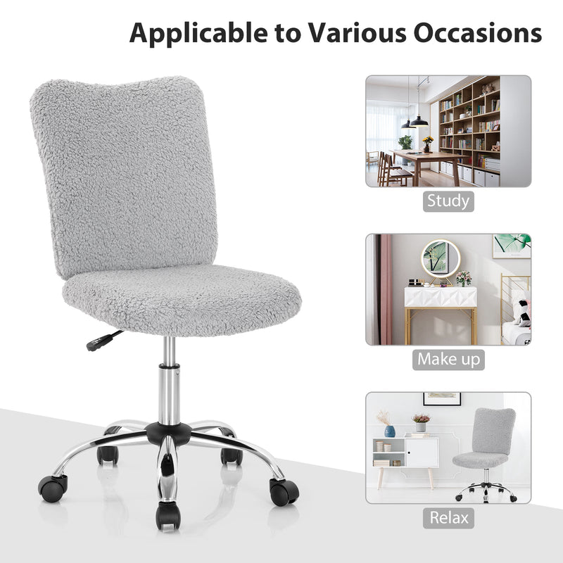 Adjustable Armless Office Chair with Faux Fur - Swivel Design, Chrome Base in Grey - Ideal for Comfortable Workspaces
