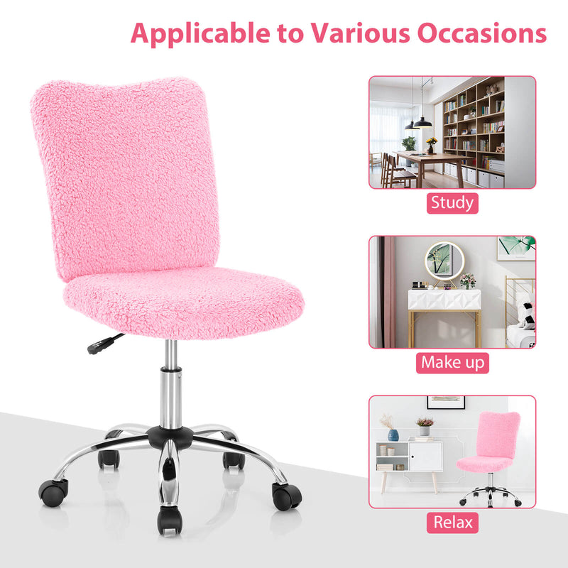 Adjustable Armless Office Chair with Faux Fur - Swivel Design, Chrome Base in Grey - Ideal for Comfortable Workspaces
