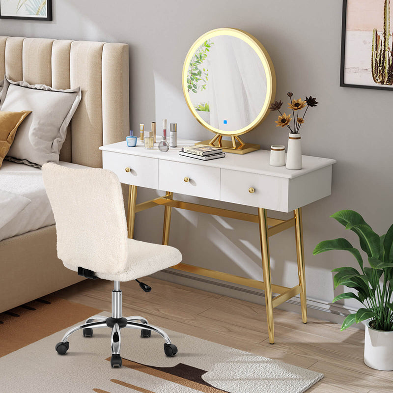 Adjustable Armless Office Chair with Faux Fur - Swivel Design, Chrome Base in Grey - Ideal for Comfortable Workspaces