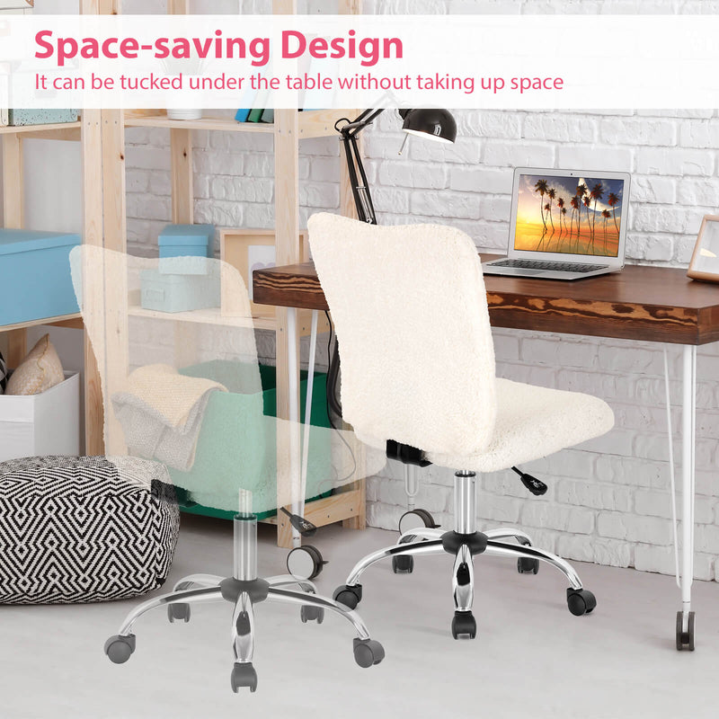 Adjustable Armless Office Chair with Faux Fur - Swivel Design, Chrome Base in Grey - Ideal for Comfortable Workspaces