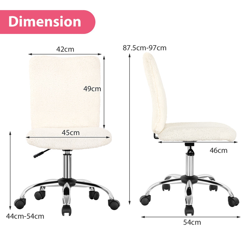 Adjustable Armless Office Chair with Faux Fur - Swivel Design, Chrome Base in Grey - Ideal for Comfortable Workspaces