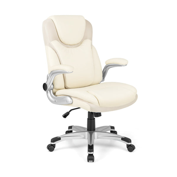 Executive Office Chair with Adjustable Features - White PU Leather, Rocking Function and Armrests - Ideal for Comfortable and Stylish Workspaces