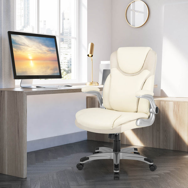 Executive Office Chair with Adjustable Features - White PU Leather, Rocking Function and Armrests - Ideal for Comfortable and Stylish Workspaces