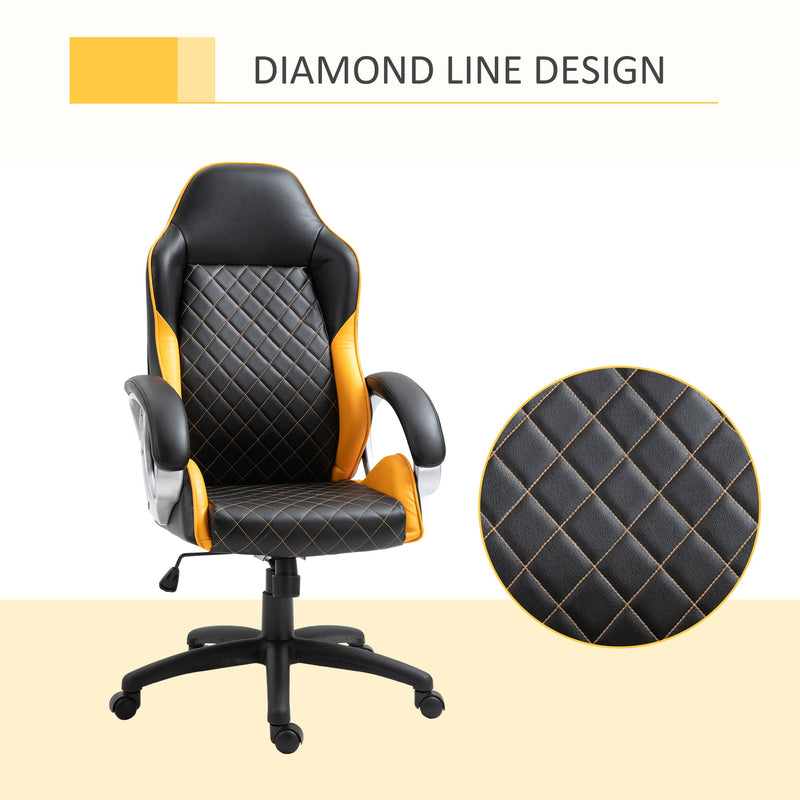 High-Back Faux Leather Office Chair with Diamond Line Detailing - Ergonomic Rocker Swivel Desk Chair with Wheels, Black and Orange - Ideal for Home Office and Computer Workstations