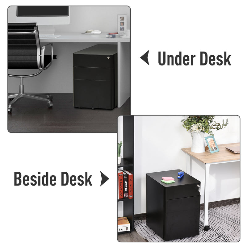 Lockable Steel 3-Drawer File Cabinet - Holds Letter/Legal/A4 Documents, Mobile Office Storage on Wheels - Black Metal Filing Solution for Home and Office Organization