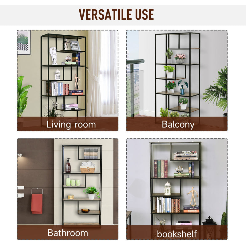 Industrial 6-Tier Staggered Wood Shelving Unit - Modern Bookcase and Display Rack for Living Room - Home Organization and Storage Solution