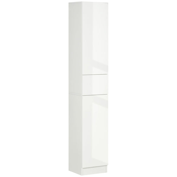 Adjustable Shelf Tall Bathroom Cabinet - High Gloss Freestanding Storage Cupboard with Drawer - Space-Saving Organizer for Toiletries and Linens