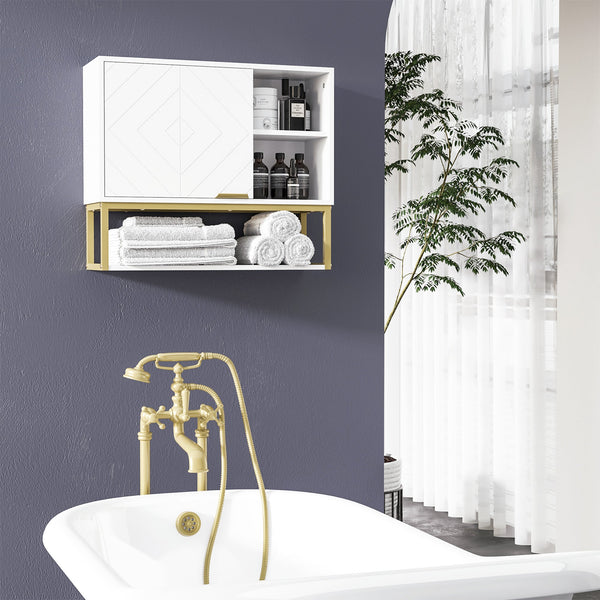 Over-The-Toilet Bathroom Wall Cabinet with Doors - Space-Saving Storage Shelves for Hallway and Living Room - Elegant White Organizer for Home Clutter Control