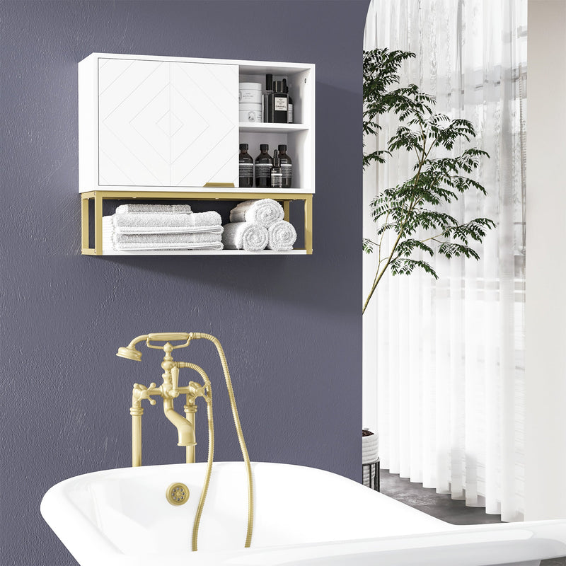 Over-The-Toilet Bathroom Wall Cabinet with Doors - Space-Saving Storage Shelves for Hallway and Living Room - Elegant White Organizer for Home Clutter Control