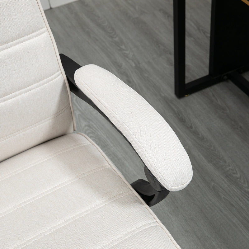 High-Back Linen Executive Chair - Swivel & Reclining Office Furniture with Adjustable Height and Footrest - Comfortable Padded Armrests for Home or Work Spaces in Cream White