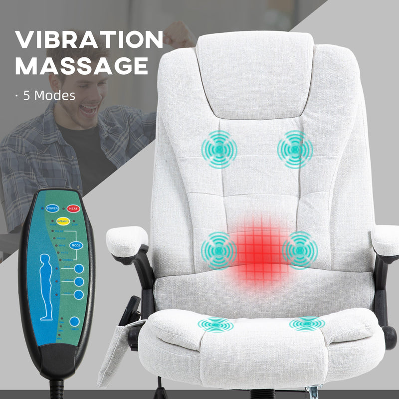 Heated Massage Recliner Chair with Linen Fabric - 6-Point Vibrating Office Chair with Swivel Casters - Comfort for Home and Office Use, Cream White