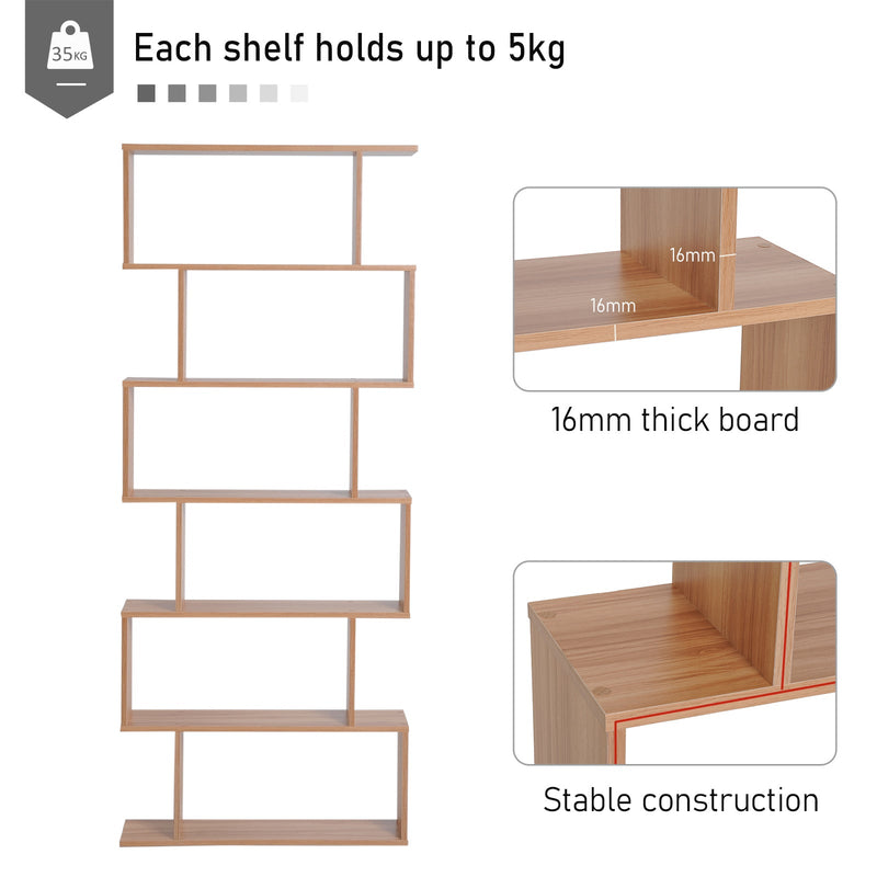 Maple Finish Wooden S-Shaped Bookcase - 6-Shelf Storage Display Unit & Room Divider - Versatile Chest Cabinet for Home or Office Organization