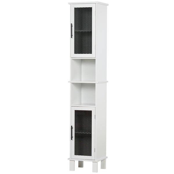 6-Tier Retro Bathroom Cabinet with Patterned Glass Doors - Anti-Tilt Design, Melamine Finish, Freestanding Storage - Chic Monochrome Tall Tower for Bathroom Organization