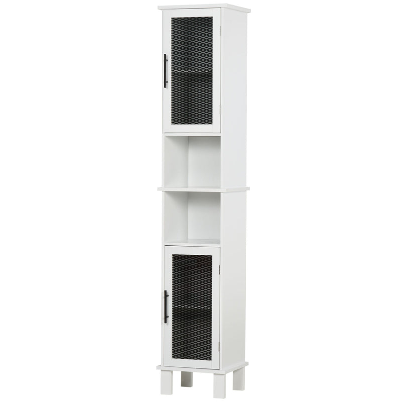 6-Tier Retro Bathroom Cabinet with Patterned Glass Doors - Anti-Tilt Design, Melamine Finish, Freestanding Storage - Chic Monochrome Tall Tower for Bathroom Organization