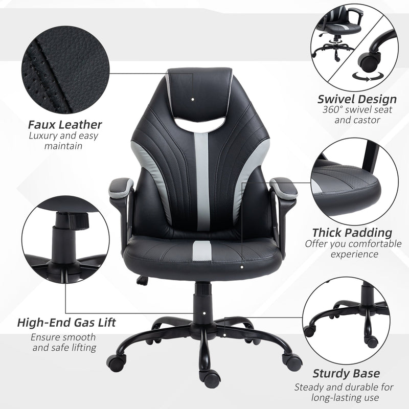 Ergonomic Racing Gaming Chair - Faux Leather Swivel Office Chair with 5 Wheels, Black and Grey - Ideal for Long Gaming Sessions & Professional Gamers