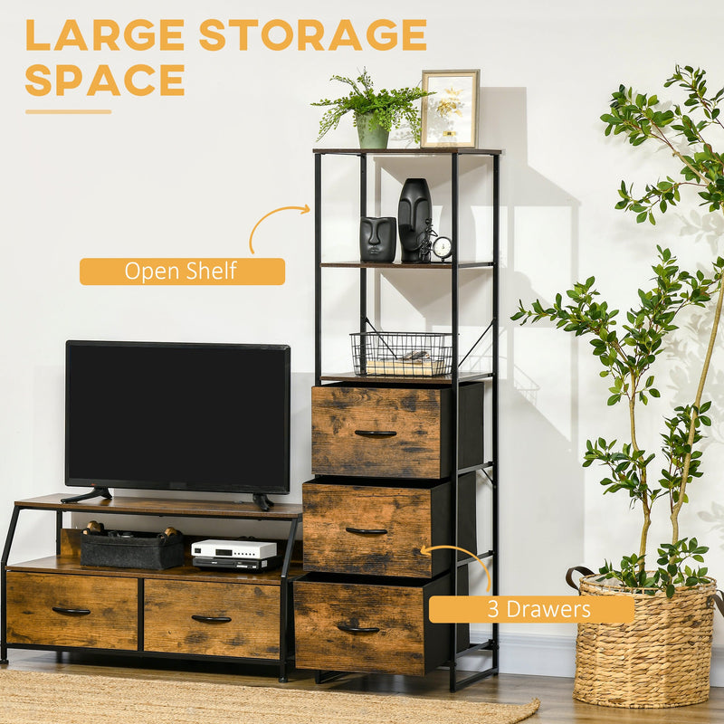 Industrial Storage Organizer - Tall Bookcase with 2 Open Shelves & 3 Foldable Fabric Drawers - Rustic Brown, Ideal for Living Room or Study