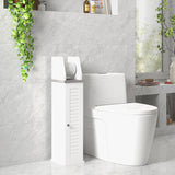 Slim Bathroom Organizer - Space-Saving Floor Cabinet with Cupboard & Roll Holder, Adjustable Shelving - Ideal for Toilet Paper, Shampoo Storage in White