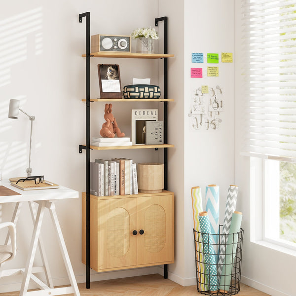 Bookcase with Rattan Cabinet and Adjustable Shelf-