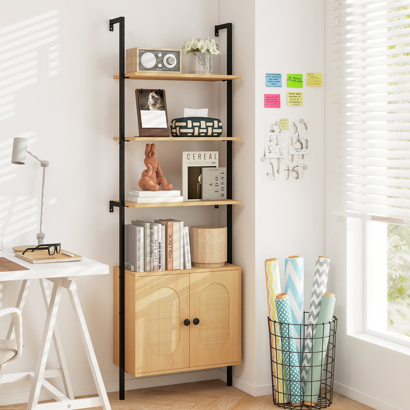 Bookcase with Rattan Cabinet and Adjustable Shelf-