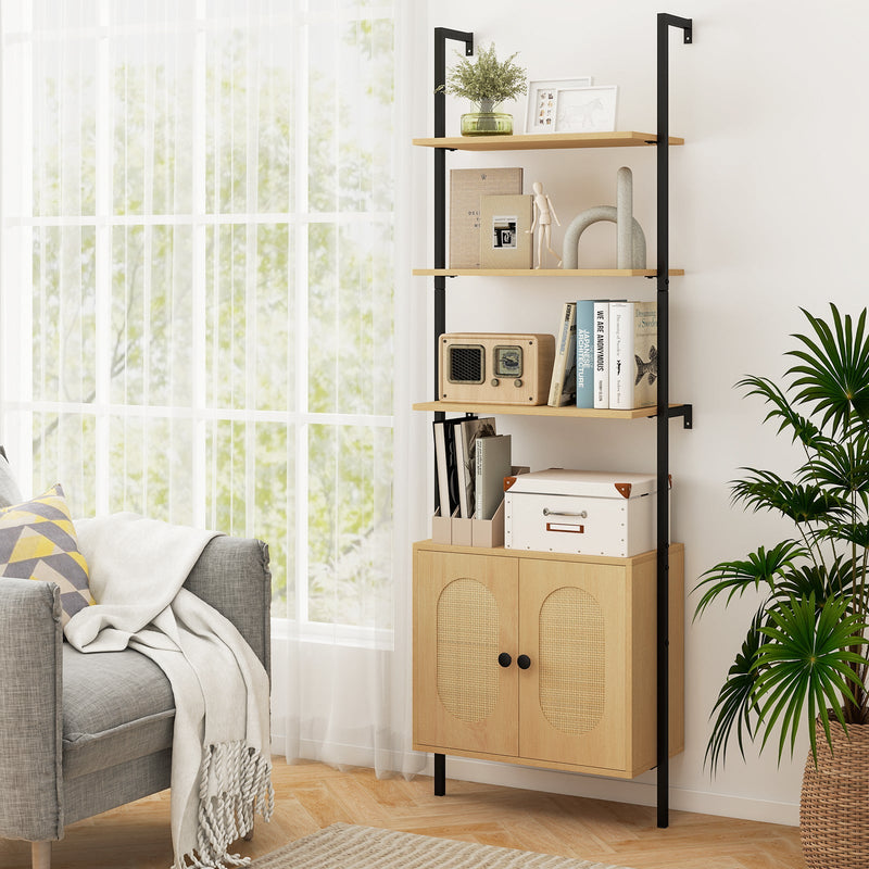Bookcase with Rattan Cabinet and Adjustable Shelf-