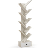 10-Tier Tree Design - Bookshelf with Drawer and Anti-Tipping Kit in Beige - Ideal for Modern Home Storage Solutions