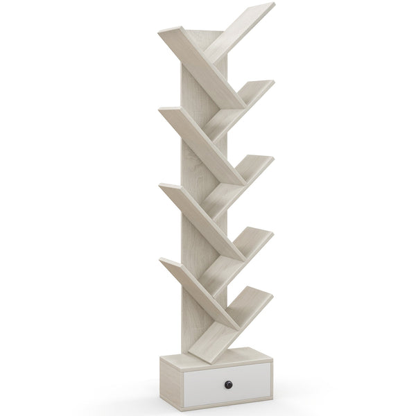 10-Tier Tree Design - Bookshelf with Drawer and Anti-Tipping Kit in Beige - Ideal for Modern Home Storage Solutions
