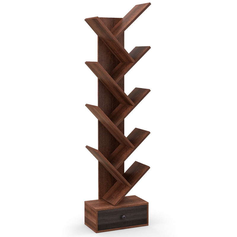 10-Tier Tree Design - Bookshelf with Drawer and Anti-Tipping Kit in Beige - Ideal for Modern Home Storage Solutions
