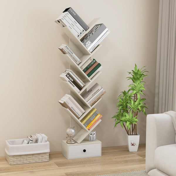 10-Tier Tree Design - Bookshelf with Drawer and Anti-Tipping Kit in Beige - Ideal for Modern Home Storage Solutions