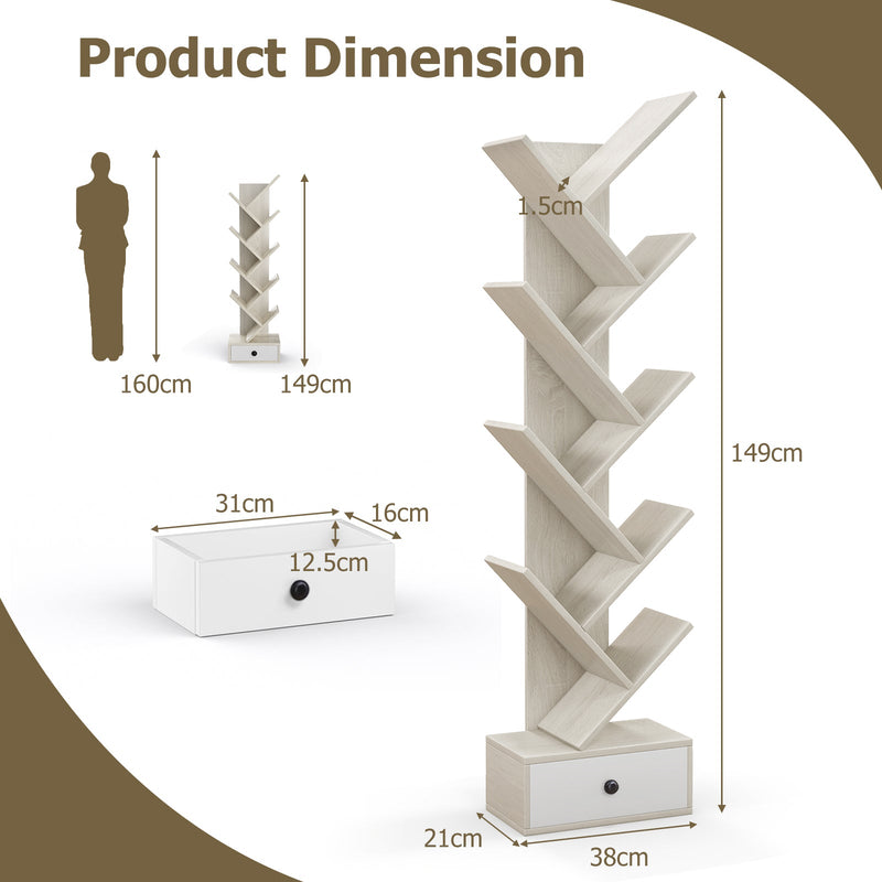 10-Tier Tree Design - Bookshelf with Drawer and Anti-Tipping Kit in Beige - Ideal for Modern Home Storage Solutions