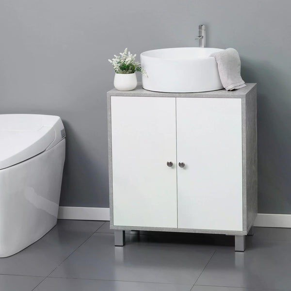 Under Sink Bathroom Cabinet - Vanity Unit with Pedestal Design and Adjustable Storage Shelves - Space-Saving Organizer for Bathroom Essentials in White and Grey