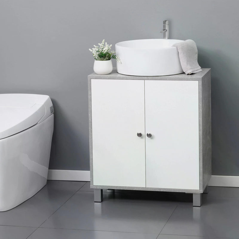 Under Sink Bathroom Cabinet - Vanity Unit with Pedestal Design and Adjustable Storage Shelves - Space-Saving Organizer for Bathroom Essentials in White and Grey