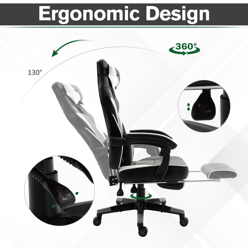Ergonomic Gaming Chair with Footrest and Lumbar Support - Thick Padding, Headrest, 5 Smooth-Rolling Wheels, Reclining Backrest - Adjustable Height for Comfortable Gaming & Home Office Use, Grey