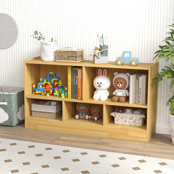 2-Tier Wooden Bookcase - Kids' Storage with 5 Compartments, Ideal for Playroom or Study Area - Solves Space Organization Problems