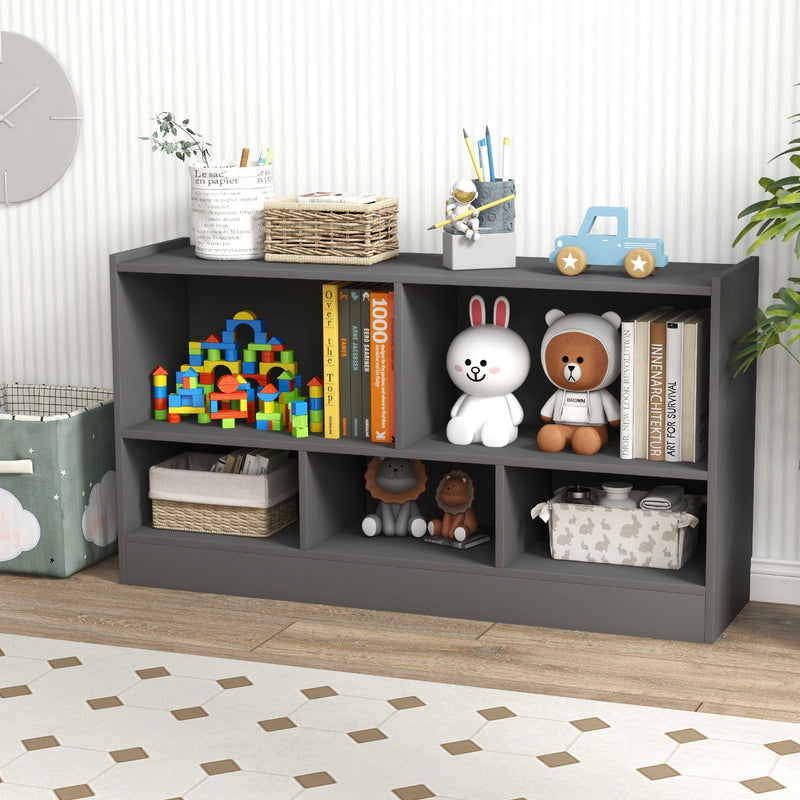 2-Tier Wooden Bookcase - Kids' Storage with 5 Compartments, Ideal for Playroom or Study Area - Solves Space Organization Problems