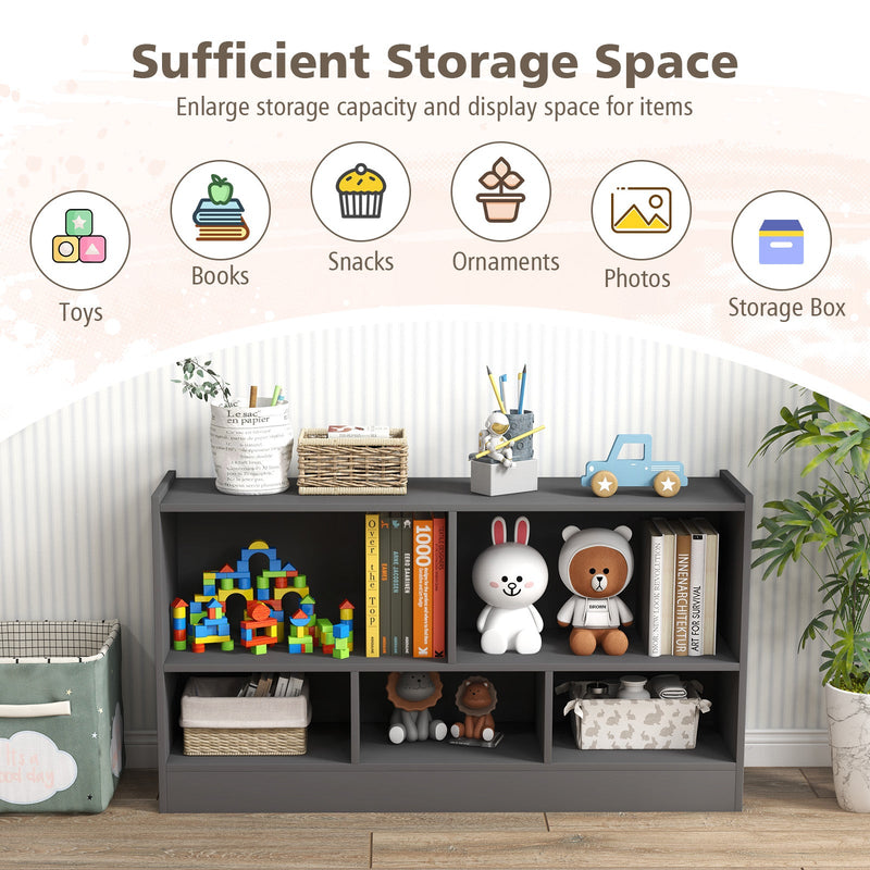 2-Tier Wooden Bookcase - Kids' Storage with 5 Compartments, Ideal for Playroom or Study Area - Solves Space Organization Problems