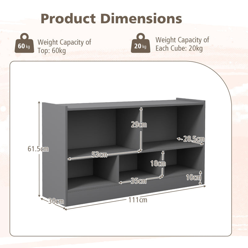 2-Tier Wooden Bookcase - Kids' Storage with 5 Compartments, Ideal for Playroom or Study Area - Solves Space Organization Problems