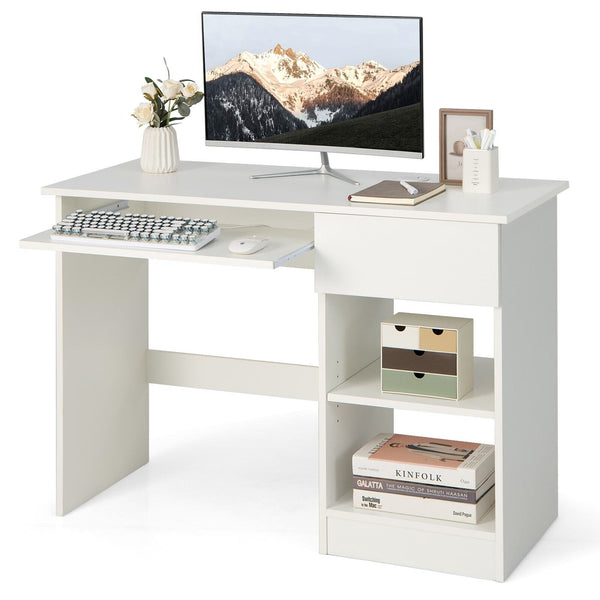 Contemporary Wood Workstation - White Office Computer Desk with Integrated Keyboard Tray - Ideal for Home Office Set-up