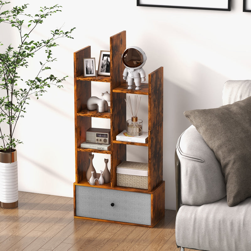 7-Tier Wooden Bookshelf - Foldable Drawer for Easy Storage, Ideal for Study or Living Room - Perfect Home Organisation Solution in White Finish
