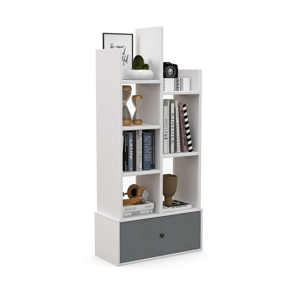 7-Tier Wooden Bookshelf - Foldable Drawer for Easy Storage, Ideal for Study or Living Room - Perfect Home Organisation Solution in White Finish
