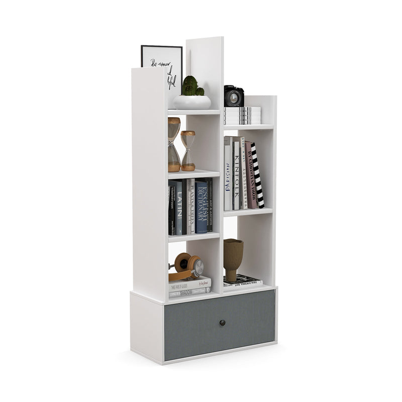 7-Tier Wooden Bookshelf - Foldable Drawer for Easy Storage, Ideal for Study or Living Room - Perfect Home Organisation Solution in White Finish