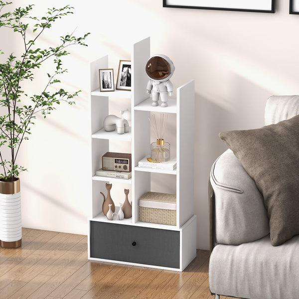 7-Tier Wooden Bookshelf - Foldable Drawer for Easy Storage, Ideal for Study or Living Room - Perfect Home Organisation Solution in White Finish