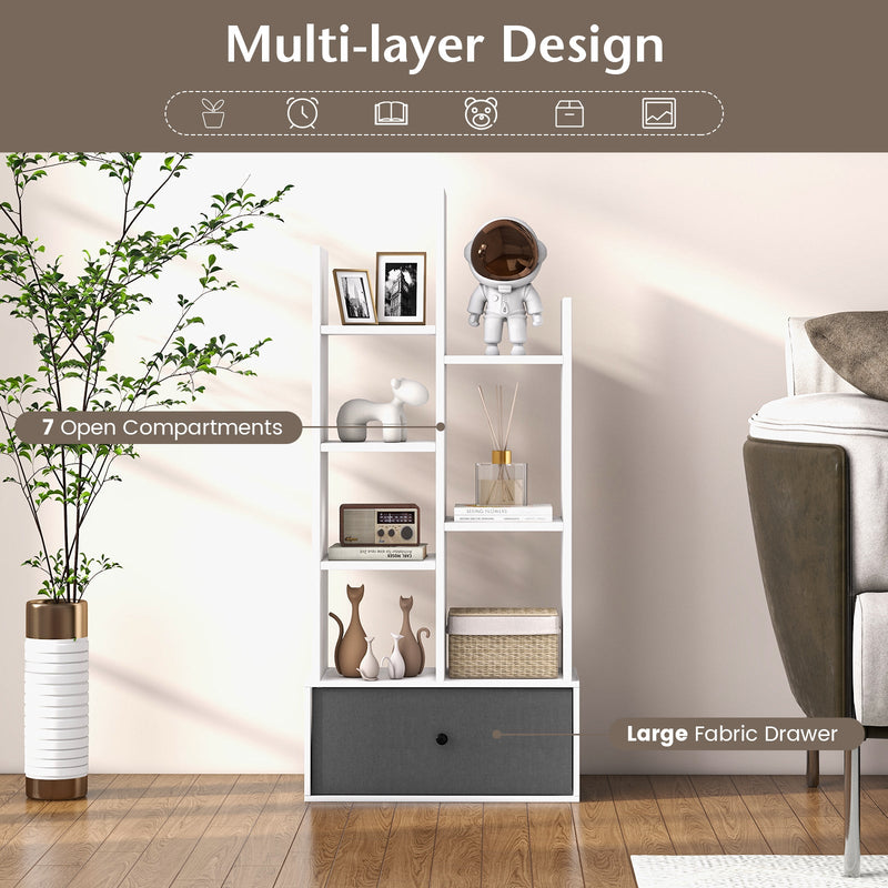 7-Tier Wooden Bookshelf - Foldable Drawer for Easy Storage, Ideal for Study or Living Room - Perfect Home Organisation Solution in White Finish