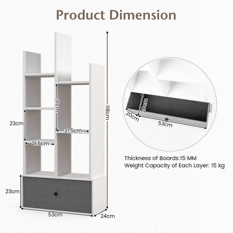 7-Tier Wooden Bookshelf - Foldable Drawer for Easy Storage, Ideal for Study or Living Room - Perfect Home Organisation Solution in White Finish