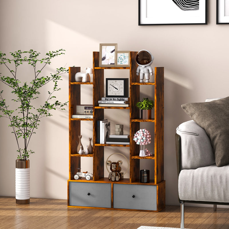 Wooden 12-Tier Bookshelf - Foldable Drawer, Perfect for Study or Living Room, White - Ideal for Organizing Books and Decorative Items
