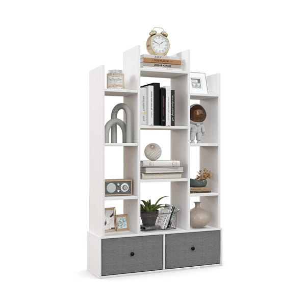 Wooden 12-Tier Bookshelf - Foldable Drawer, Perfect for Study or Living Room, White - Ideal for Organizing Books and Decorative Items